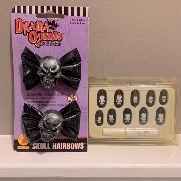 NWT RUBIE’S Halloween Skull Hair Bow Barrettes & Nail Set - Picture 1 of 6